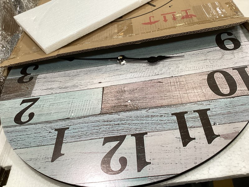 Condition photo showing Good Condition for 24inch wall clocks for living room decor, coastal beach nautical style | large farmhouse wall clock,blue woodgrain shiplap style,perfect for home, kitchen, living room worn blue