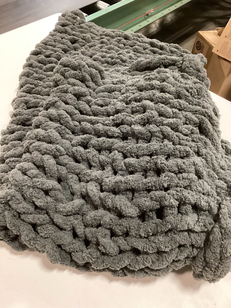 Condition photo showing As Is for Bigacogo Chunky Knit Throw Blanket for Couch, 40x40 inches, 100% Hand Knitted with Thick Jumbo Chenille Yarn, Cozy Soft Large Rope Knot Cable Crochet Blankets for Sofa Bed Living Room, Dark Grey