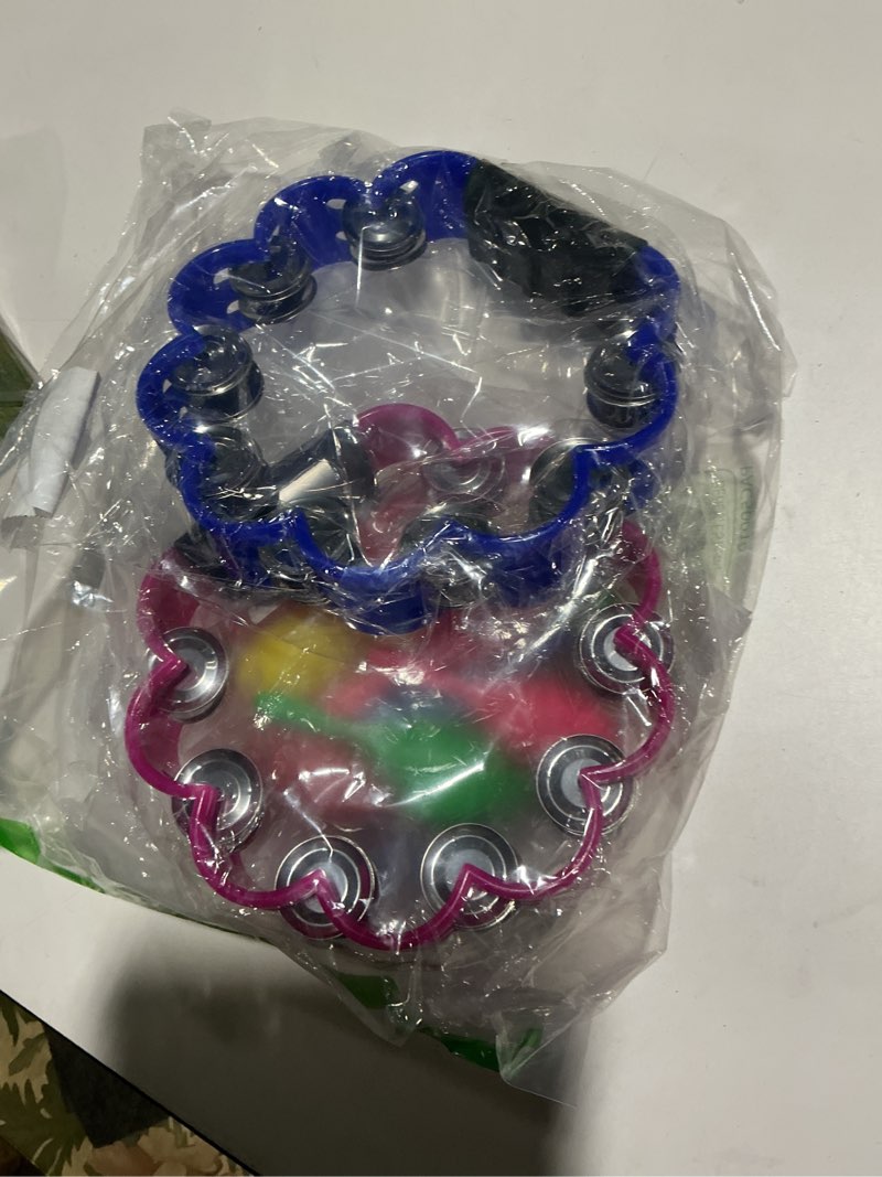 Condition photo showing As Is for 15 Pcs Petal Tambourine Set-with Sand Hammers Jingle All the Way!Double Row Metal Jingles Hand Held Percussion Drum for Bar Party KTV School Family Christian Dance Christmas Charity Project