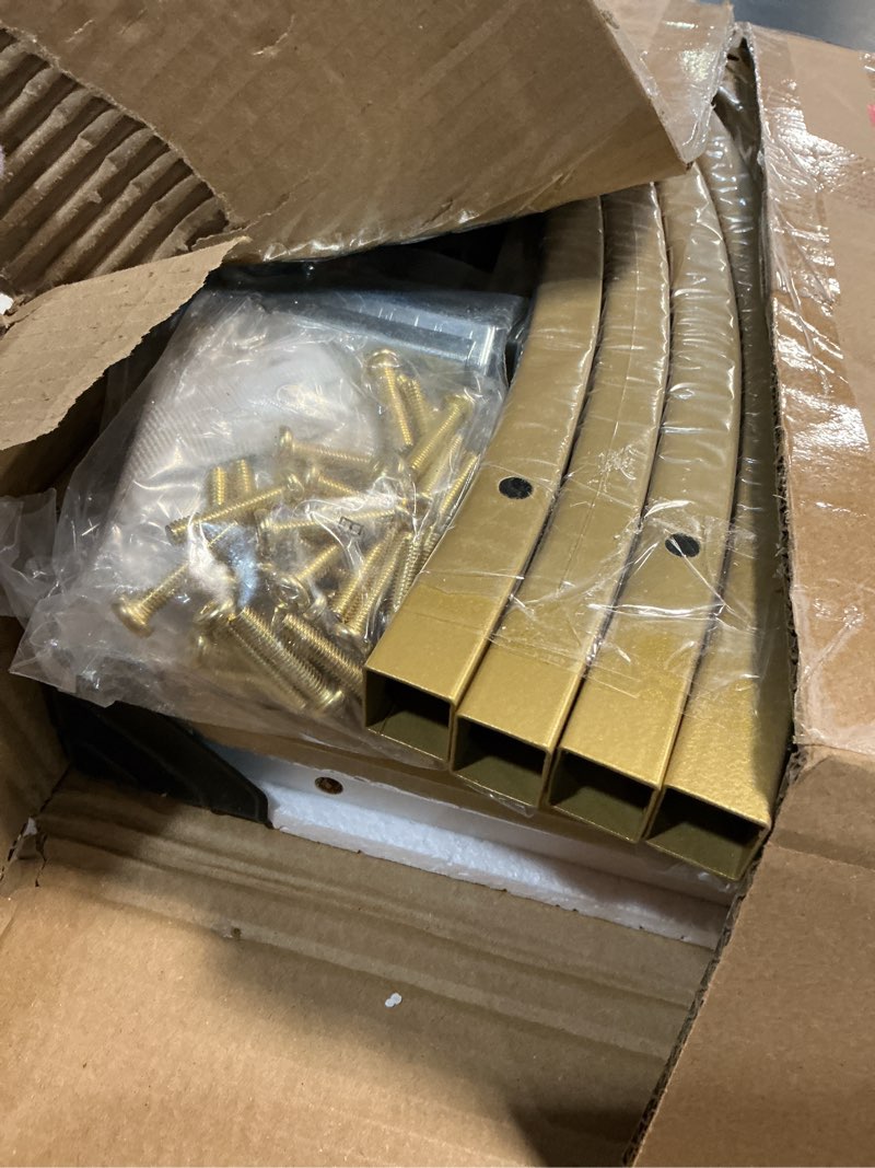 Condition photo showing New/Like New for rustic 3-tier console table with open shelves narrow entryway table with curved metal frame slim sofa table for hallway living room or foyer (gold white marbled)