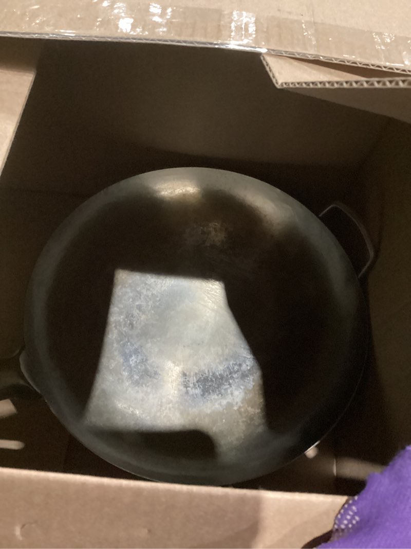 Condition photo showing As Is for YOSUKATA 14” Round Bottom Carbon Steel Woks and Stir Fry Pans – Unseasoned Pow Wok for Stir Fry, BBQ & Camping – Hand-Hammered Traditional Japanese and Chinese Pan – Gas Stove, Open Fire Only
