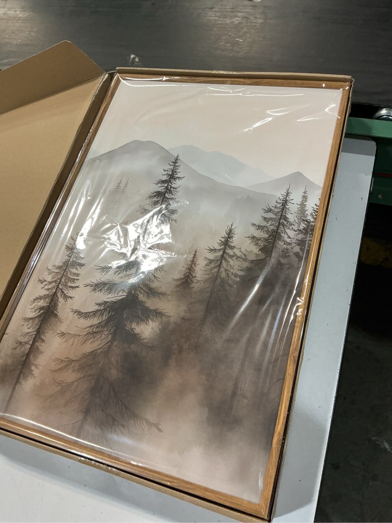 Condition photo showing New/Like New for IARTTOP Large Mountain Forest Framed Canvas Wall Art 16x24 Inch Set of 3 Abstract Misty Woodland Painting Modern Farmhouse Art Prints for Living room Dining room 16*24 Inch Brown Mountain