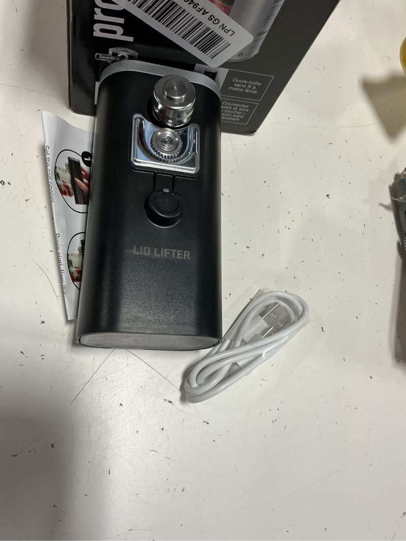 Condition photo showing Good Condition for proctor silex automatic electric can opener, hands free cordless operation & usb rechargeable, self-aligning, cut smooth touch lid edges, compact and easy to store, black