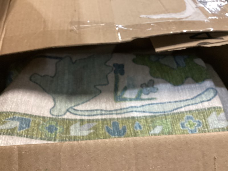 Condition photo showing Good Condition for fame living green oushak rug, modern, vintage, turkish, eclectic, floral, pastel, washable, area rugs for living room, dining, bedroom, office, entryway, foyer, playroom, nursery, 5'x6'9" cream green 5' x 6'11" (rectangular)