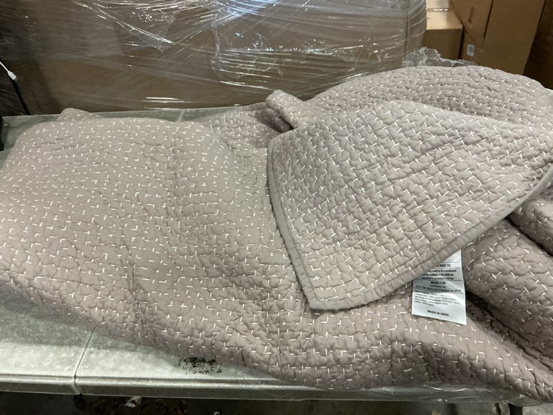 Condition photo showing As Is for (size 108 in x 92 in )organic cotton channel stitch coverlet (color taupe )