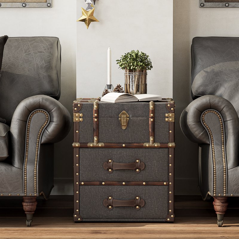 lannigan vintage storage chest with buckle hinged top, linen accent end side table