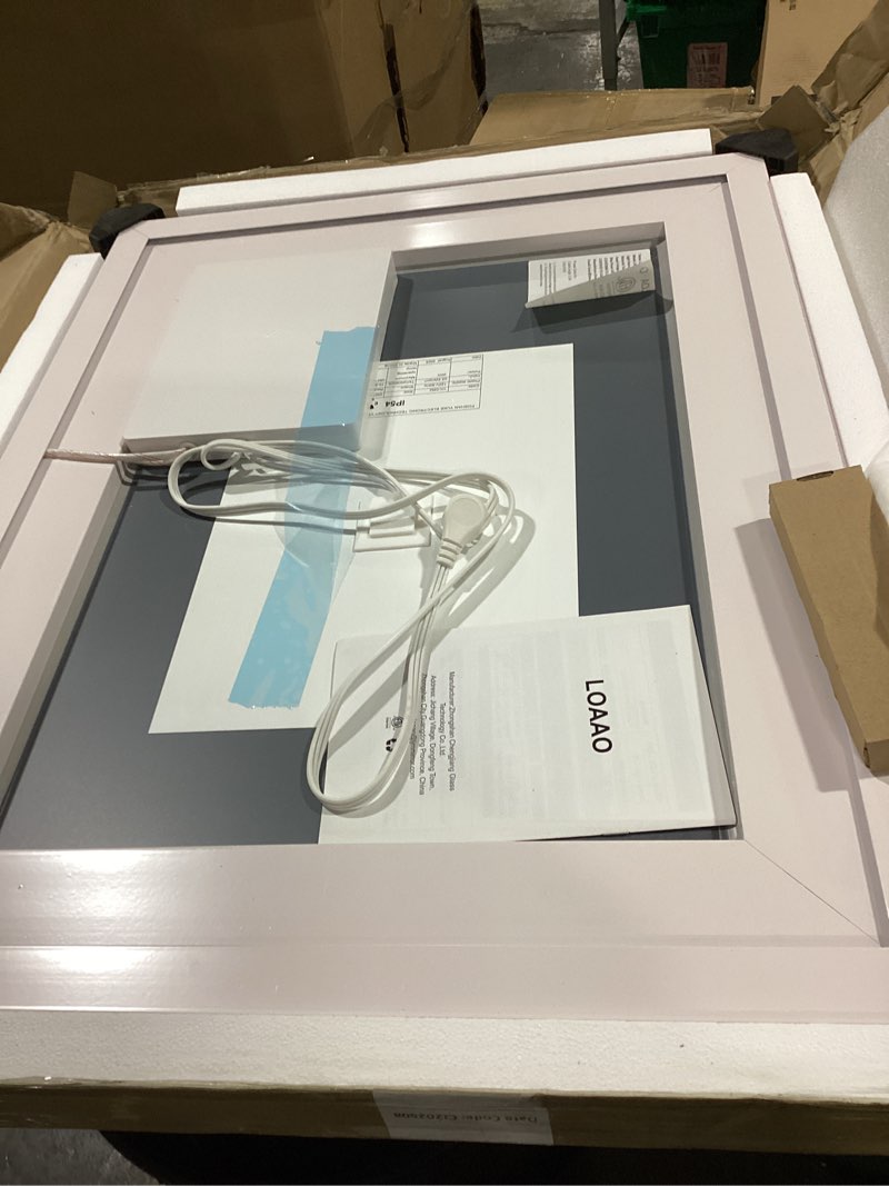 Condition photo showing As Is for LOAAO 24"X30" LED Bathroom Mirror with Lights, Anti-Fog, Dimmable, Backlit + Front Lit, Lighted Bathroom Vanity Mirror for Wall, Memory Function, Tempered Glass, ETL Listed Led Bathroom Mirror (3 Light Modes) 24"L x 30"W