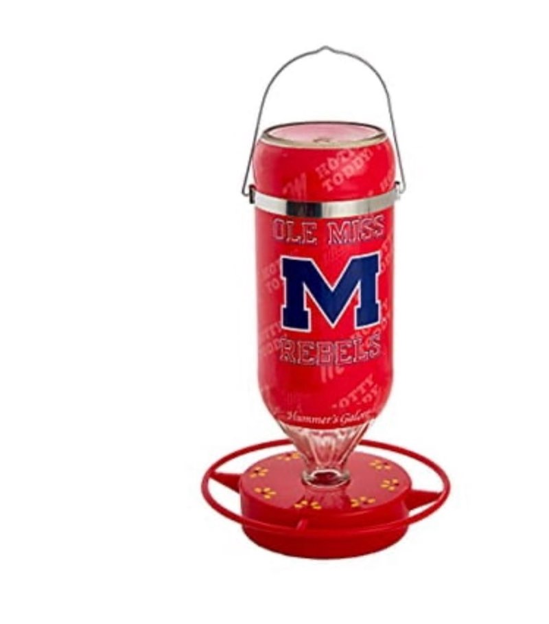 Hummers Galore – Hanging Glass Hummingbird Feeder  NCAA University of Mississippi Ole Miss Rebels Design  for Outdoors  Backyard  Patio  and Garden  8 Feeding Stations  Red Base & Perch  32 Oz