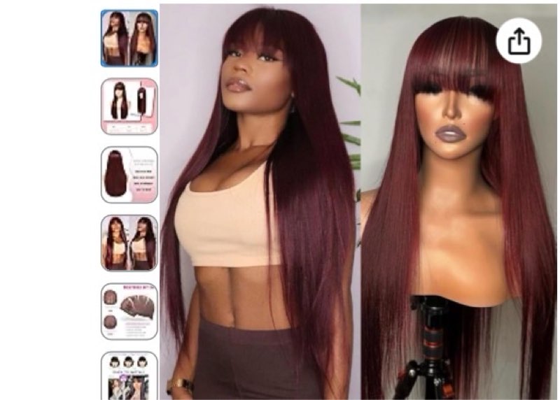 Burgundy Wigs for Women, Long Straight Wine Red Wig with Bangs Soft Synthetic Heat Resistant Fiber W