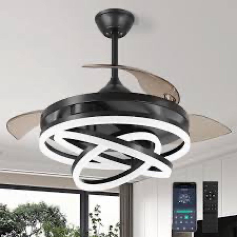Retractable Ceiling Fan, 42 Inch Chandelier Ceiling Fans with Light, Modern Fandelier Ceiling Fan fo