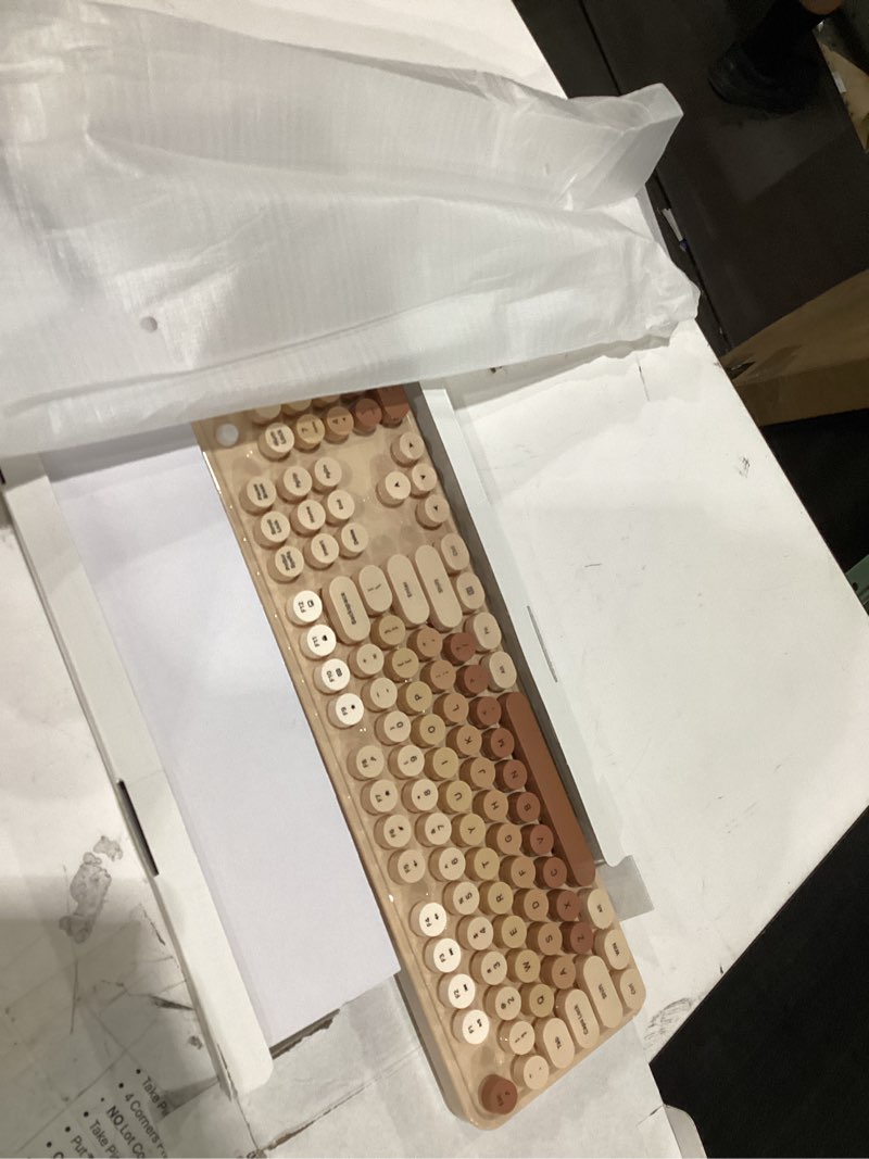 Condition photo showing Good Condition for fogruaden wireless keyboard and mouse combo, retro typewriter full-size keyboard with number pad and cute mouse, gradient colorful computer keyboard for windows pc desktops laptop gradient brown