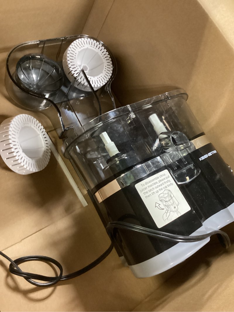 Condition photo showing As Is for KEENSTAR Electric Citrus Juicer, Dual-Head Orange Juicer Squeezer with Power Cord, Portable Juicer with Cleaning Brush for Lemon, Grapefruit, High Juice Yield, One Touch Operation, Easy to Clean Middle Black