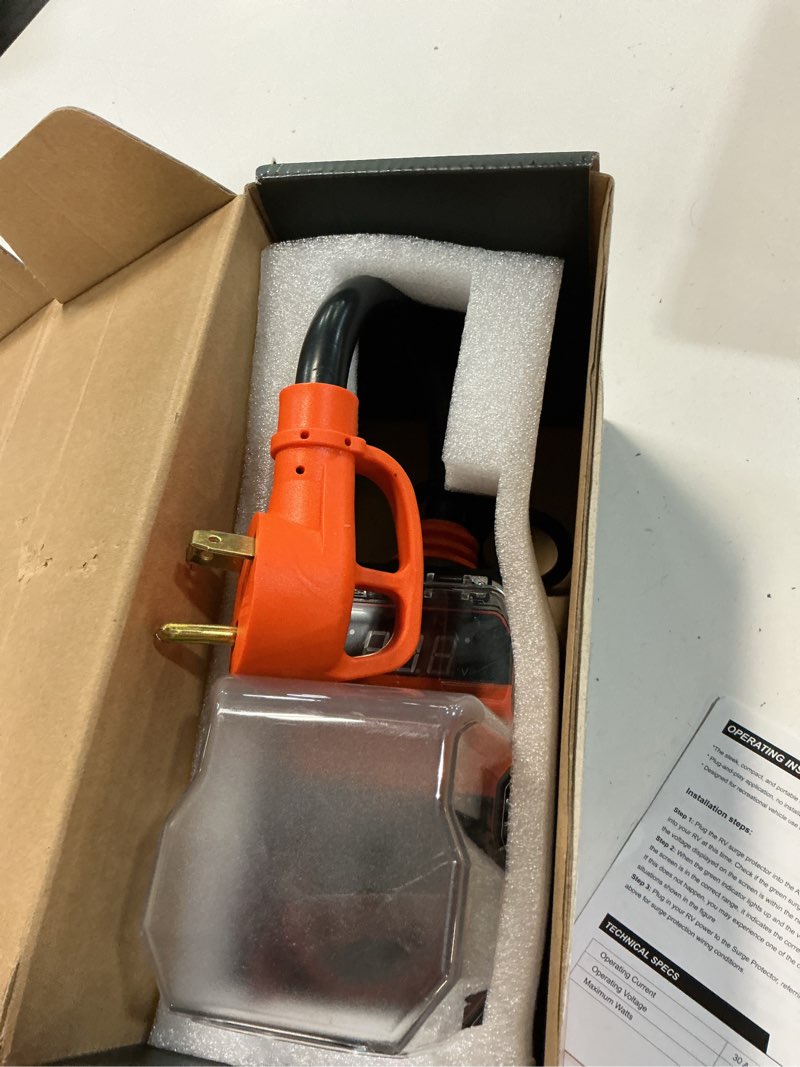Condition photo showing Good Condition for 15,000j rv surge protector 30 amp with led display, 30 amp rv surge protector with voltage monitoring, clear error codes, comprehensive detection, ip68 waterproof cover 30 amp orange