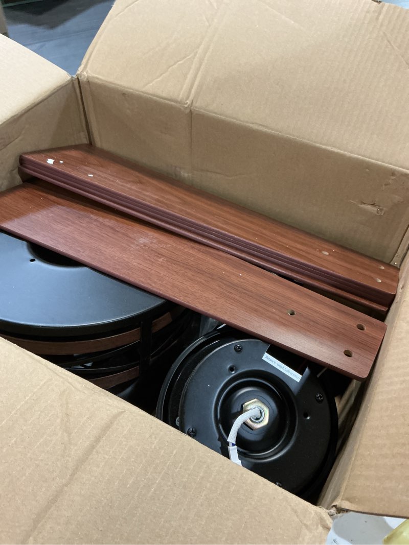 Condition photo showing As Is for fanbulous farmhouse ceiling fans with light, 48 inch bedroom ceiling fan with lights, 6-speed adjustable, quiet and reversible dc motor, dual finish 5 blades, rustic caged ceiling fan for living room black and walnut 48 inch