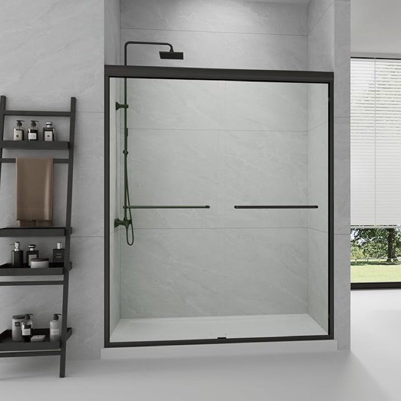 semi-frameless sliding shower door w: 60 x h:72 inches, bathroom sliding door easy to install, 1/4 "clear glass, black hardware double sliding glass shower room (black, 60in)