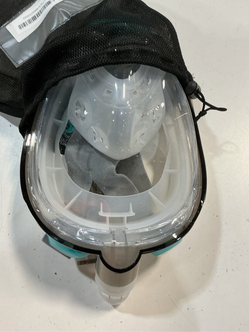 Condition photo showing As Is for greatever g2 full face snorkel mask with latest dry top system,foldable 180 degree panoramic view snorkeling mask with camera mount,safe breathing,anti-leak&anti-fog gray green small-medium