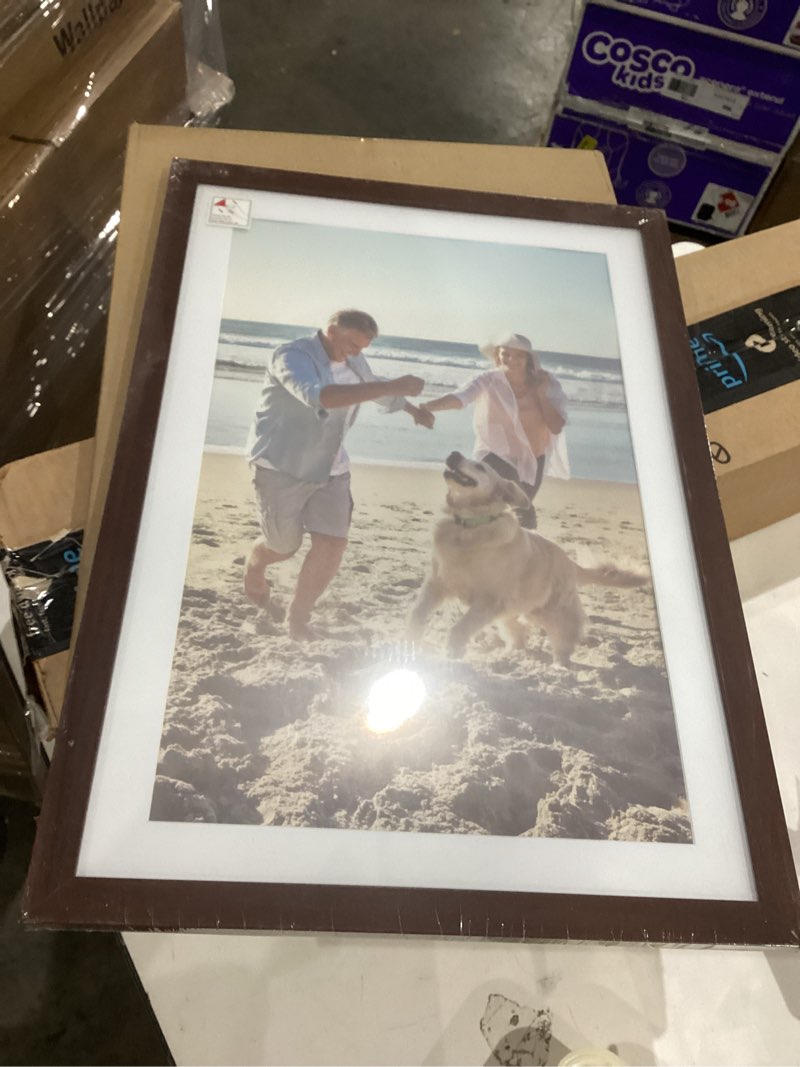 Condition photo showing New/Like New for upsimples 11x14 picture frame, display pictures 8x10 with mat or 11 x 14 without, wall hanging photo frames, brown, 1 pack brown 11x14