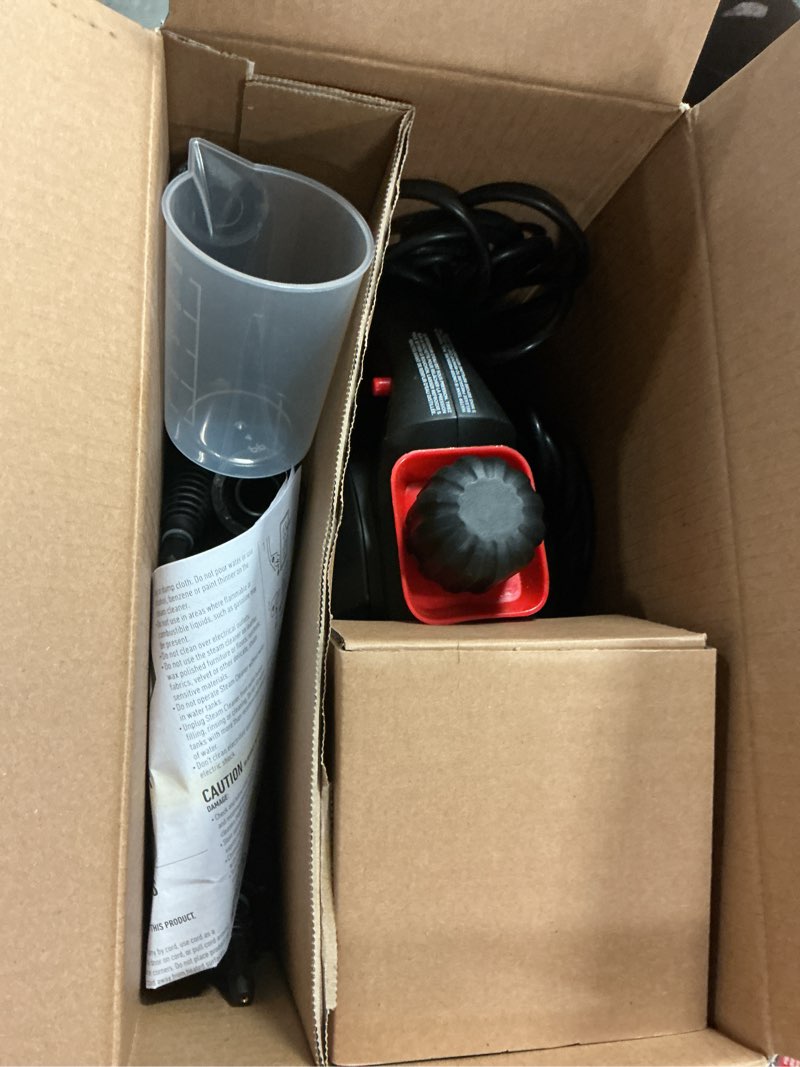 Condition photo showing As Is for dirt devil 7-in-1 handheld steamer, pressurized steam cleaner for home use, xl water tank, includes specialized cleaning tools, portable steam cleaner for bathroom, clothes, furniture and more