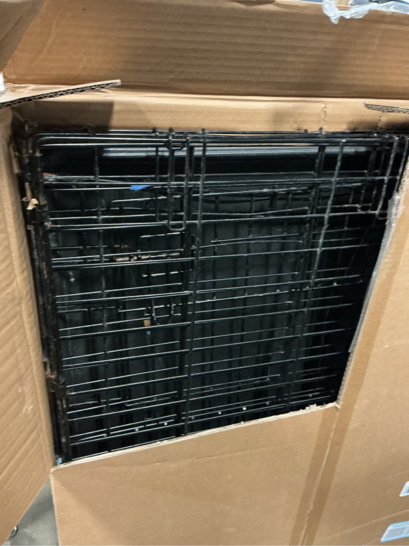 Condition photo showing As Is for amazon basics - durable, foldable metal wire dog crate with tray, single door, 42 x 28 x 30 in, black 42.0"l x 28.0"w x 30.0"h single door w/ divider