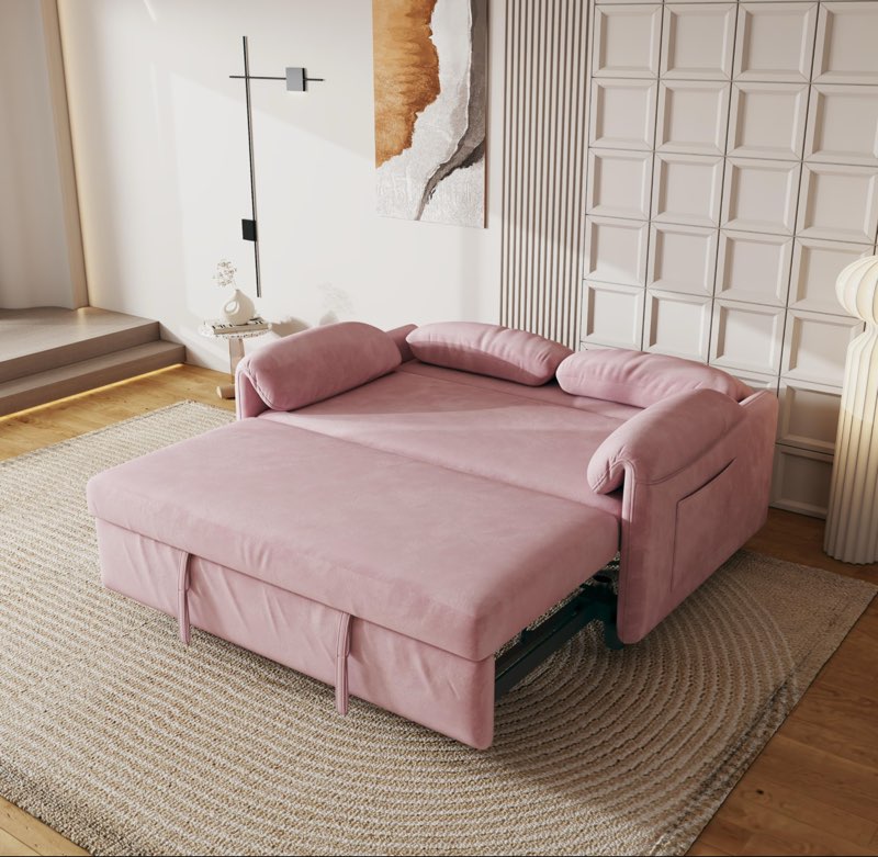 ( incomplete)KEIKI 3 in 1 Full Pull Out Sofa Bed with Adjustable Backrest & Side Storage Pockets, Velvet Recliner Lounge Sofa for Small Living Spaces, Pink
