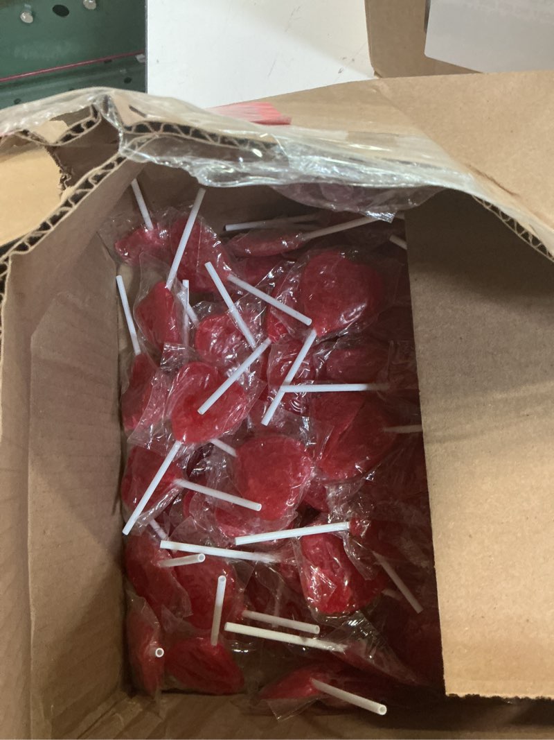 Condition photo showing New/Like New for (bb:2027-06-08)fruidles red double heart lollipops, 5 pounds (bulk) double heart shaped flavored, individually wrapped 18 gram lollipop red double heart 5 pounds (bulk)