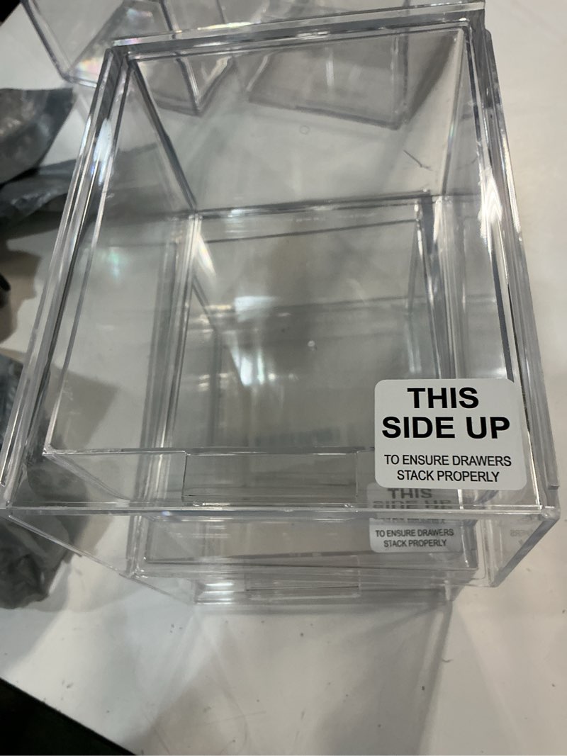 Condition photo showing As Is for stori audrey stackable clear bin plastic organizer drawers | 2 piece set | organize cosmetics and beauty supplies on a vanity | made in usa 4.5" tall set