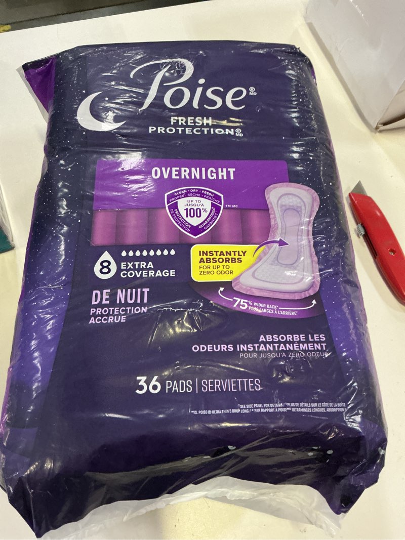 Condition photo showing New/Like New for poise overnight incontinence & postpartum pads for bladder leaks, 8 drop extra coverage, 36 count long 36