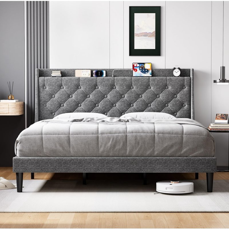 garvee king size bed frame with charging station and wingback