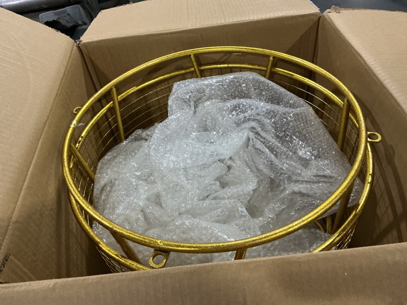 Condition photo showing Good Condition for deco 79 metal storage cart deep set metal mesh laundry basket with wheels, 16l x 16w x 24.95h, gold gold 18" x 18" x 25"