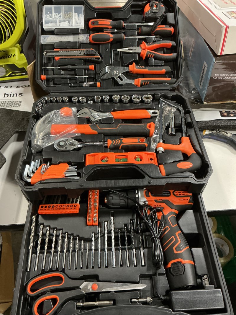 Condition photo showing Good Condition for 255-piece tool set - tool kit with 12v cordless drill driver, toolbox storage case with drawer, general household drill set for diy projects, home repairs, handyman orange
