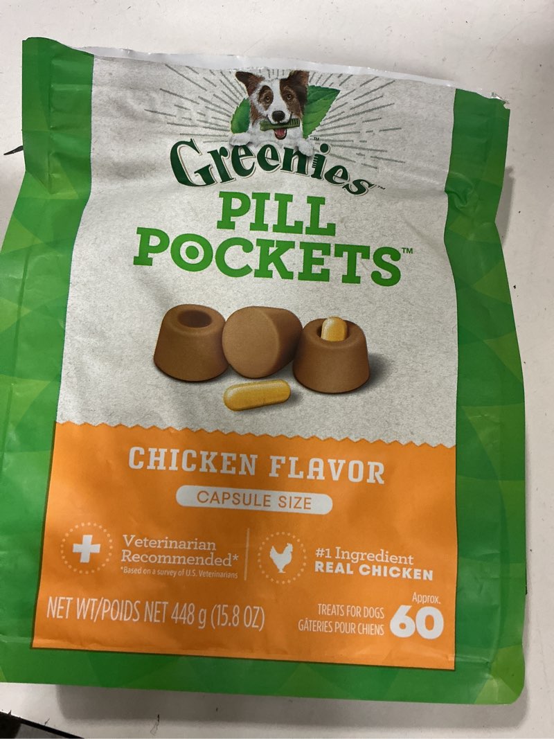 Condition photo showing As Is for (best by 11/21/2026) greenies pill pockets capsule size chicken flavor treats for dogs value pack, 15.8 ounce