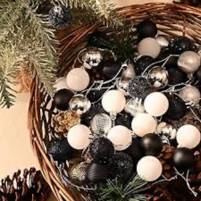 Condition photo showing New/Like New for 45ct small black and white shatterproof boho christmas ball ornaments set