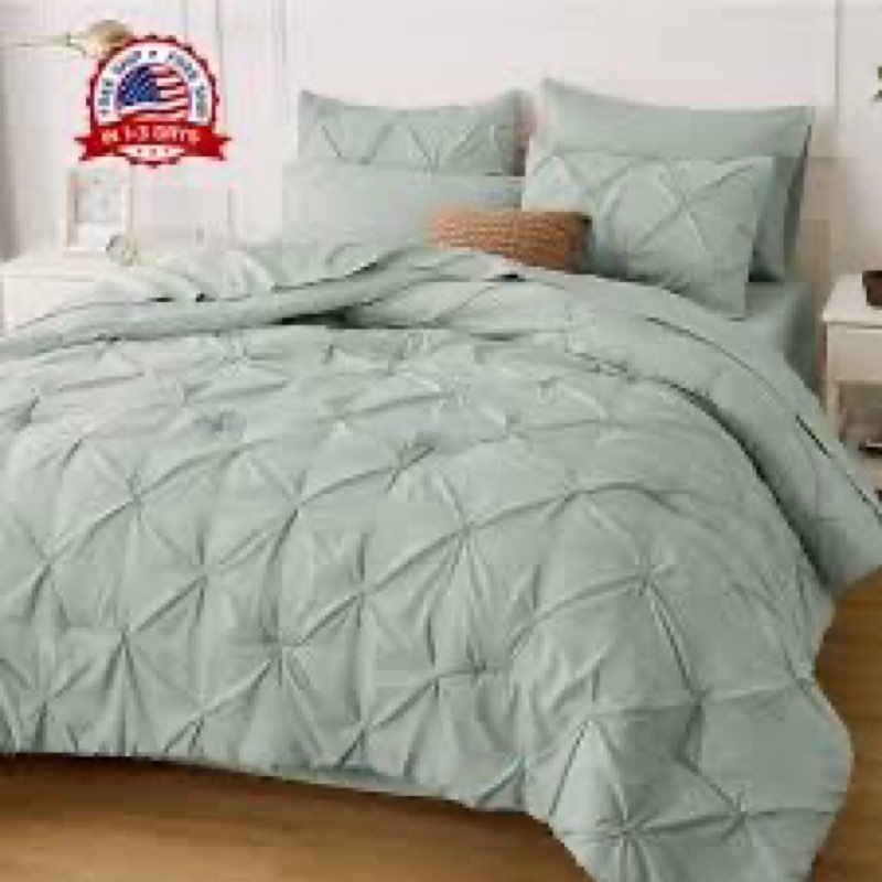 bedsure king size comforter set sage green - bed in a bag bedding gentlesoft™ pintuck bed set gift for family, pinch pleat sage green comforter with sheets, pillowcases & shams