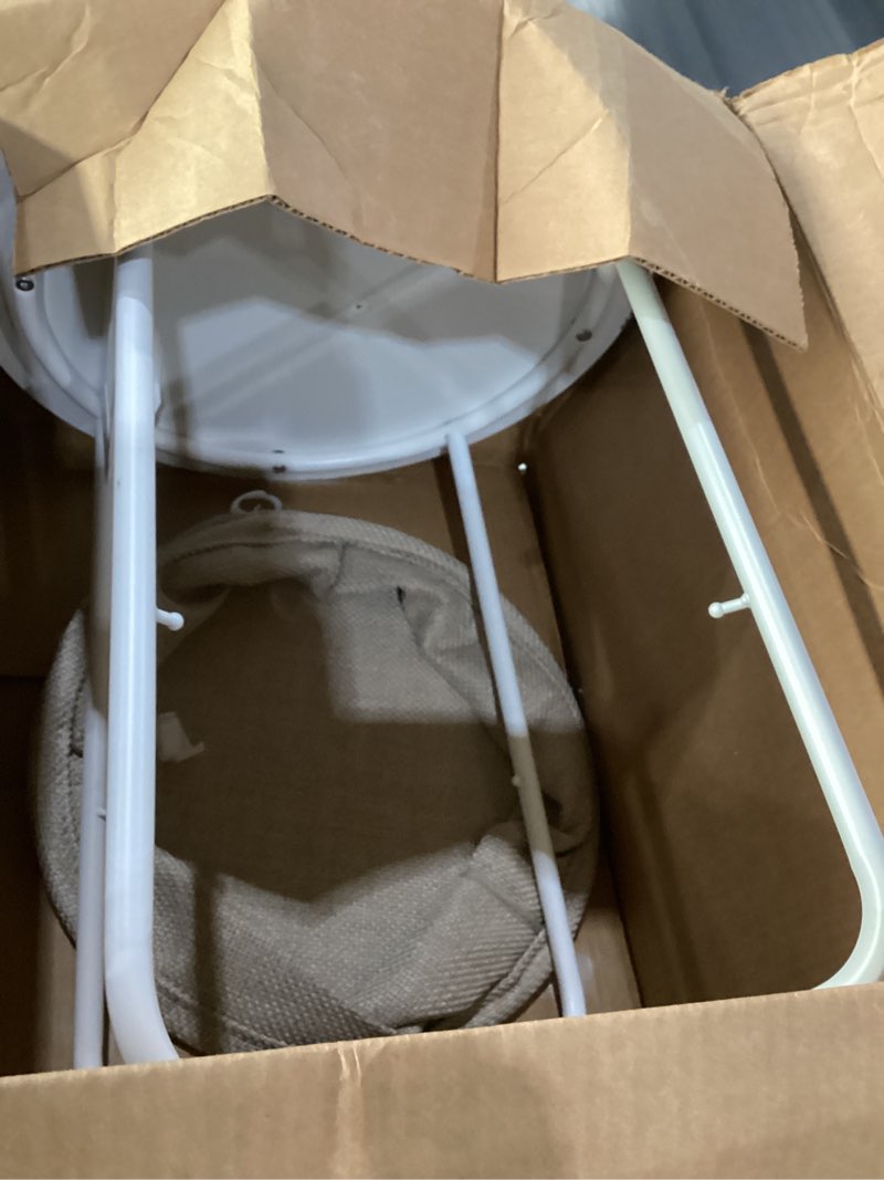 Condition photo showing As Is for vasagle lilea collection - side table with charging station, round end table with fabric basket, nightstand with usb ports, for living room, bedroom, modern, matte white and camel brown ulet228w01 matte white + camel brown with basket round