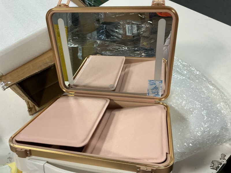 Condition photo showing Good Condition for Kalolary Travel Makeup Train Cases with Lighted Mirror 3 Color Setting, Makeup Bag Cosmetic Case Organizer Adjustable Brightness Portable Makeup Storage Box For Makeup Brushes Accessories Tools,White