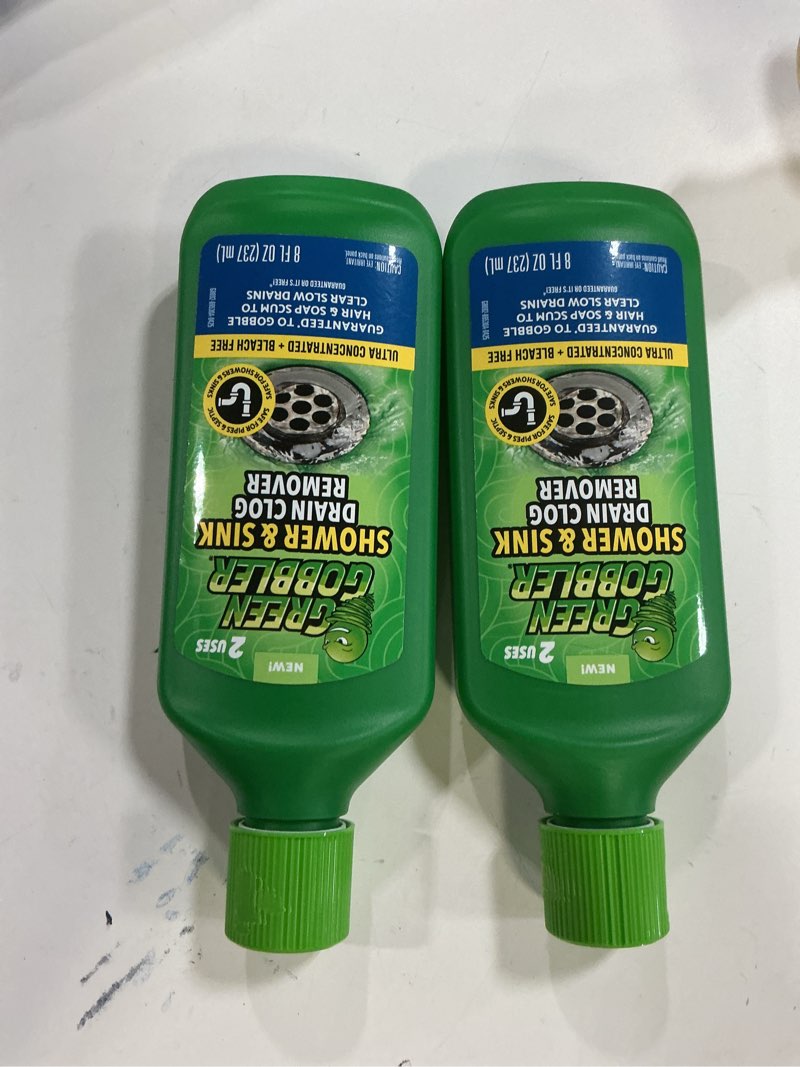 Condition photo showing New/Like New for Green Gobbler Ultra Concentrated Drain Clog Remover & Cleaner | Powerful Hair, Grease & Soap Dissolver for Bathroom, Kitchen, Shower, Sink & Toilet | Safe for Pipes & Septic Systems | 2 Pack
