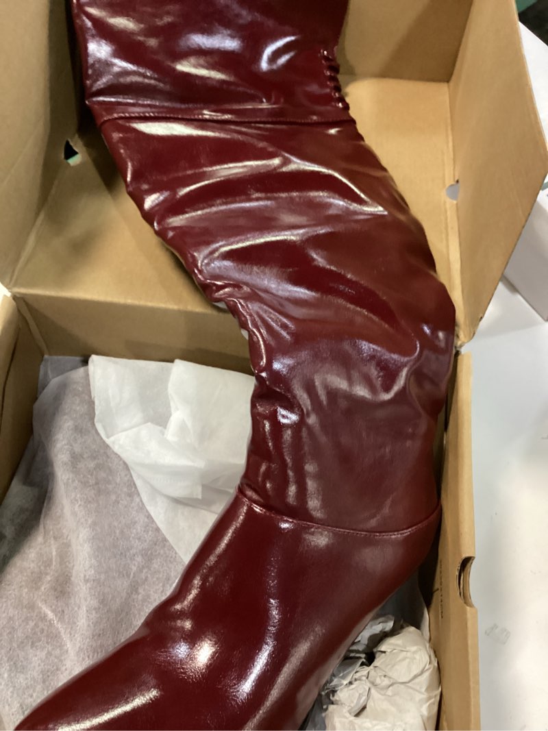 Condition photo showing New/Like New for coutgo womens thigh high boots pointed toe chunky heel wide calf over the knee boots winter shoes burgundy 6.5