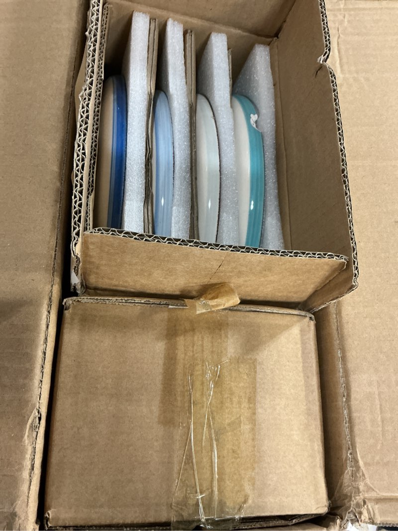 Condition photo showing As Is for vancasso Bonita Blue Dinnerware Sets, Plates and Bowls Set for 4, 12 Pieces Stoneware Dinnerware Set, Dishwasher and Microwave Safe Blue 12 Pieces(Service for 4)