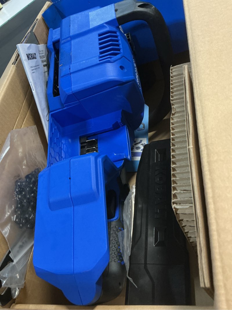 Condition photo showing As Is for kobalt quiet tech 24-volt 12-in battery chainsaw charger not included
