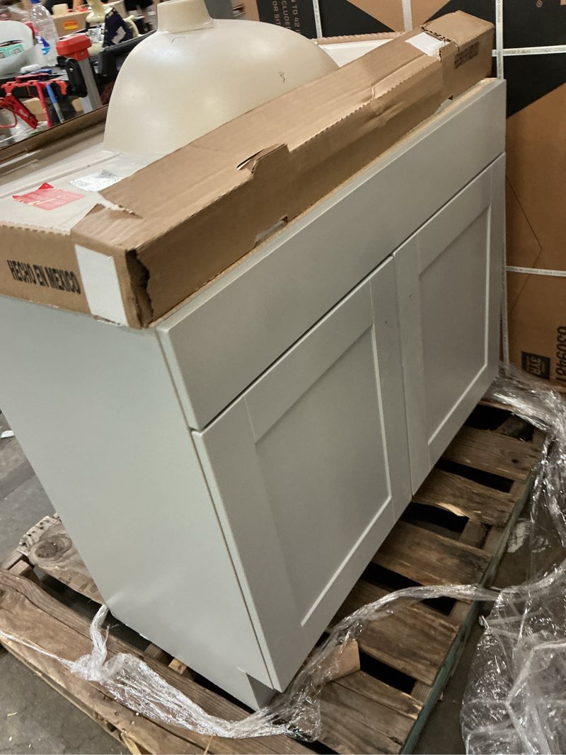 Condition photo showing As Is for style selections 30-in gray single sink bathroom vanity with white cultured top