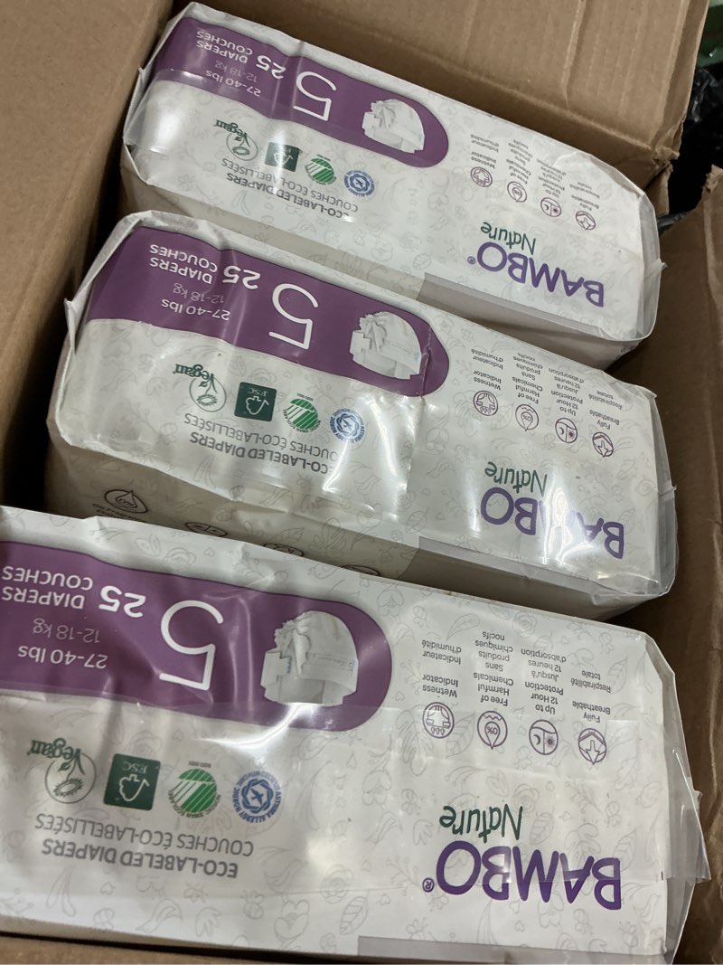 Condition photo showing New/Like New for Bambo Nature Premium Eco-Friendly Baby Diapers, Size 5 (27-40 Lbs), 150 Count (6 Packs of 25) Size 5 150