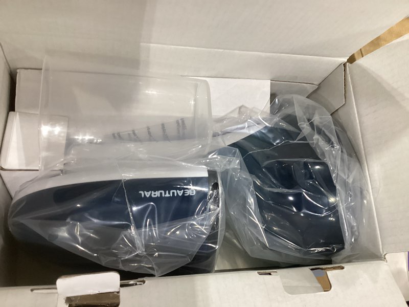 Condition photo showing New/Like New for beautural steamer for clothes, portable handheld garment fabric wrinkles remover, aluminun heating plate, 35-second fast heat-up, large detachable water tank (only for 120v) blue&white