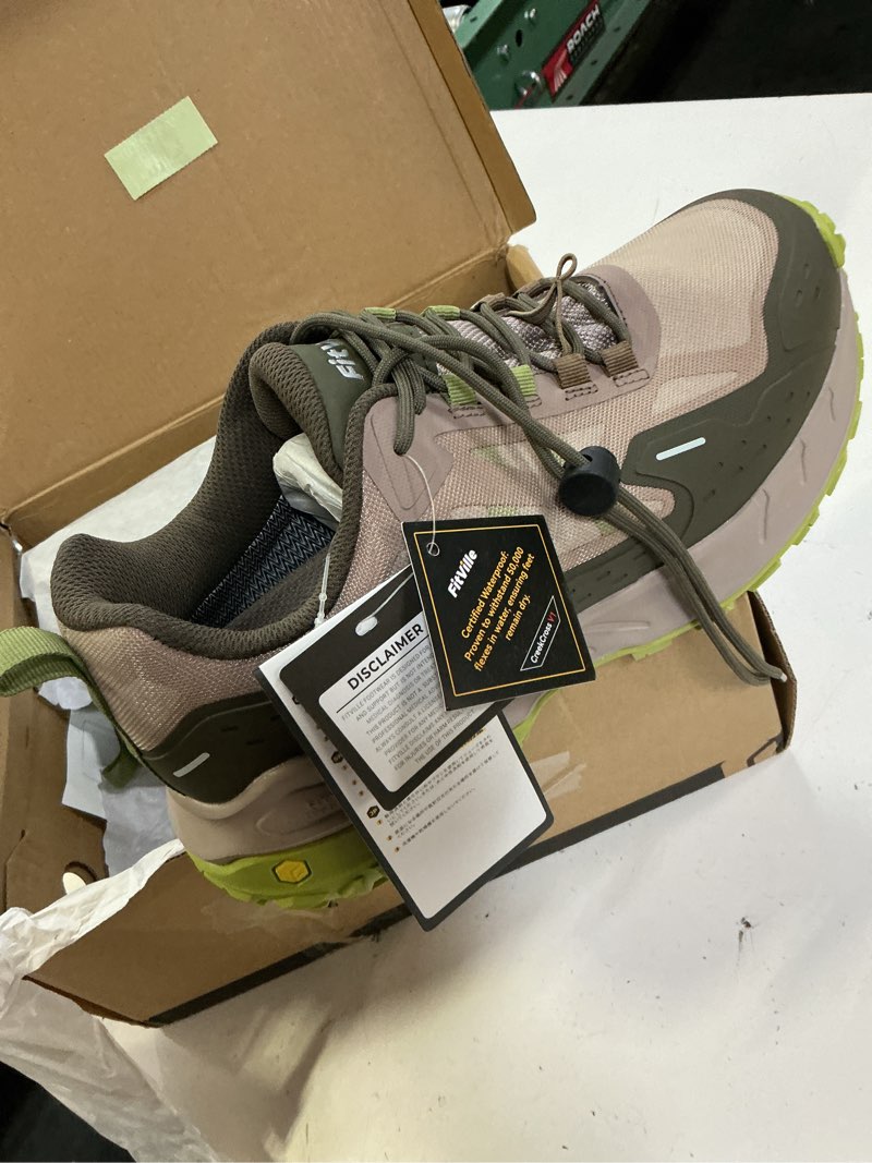 Condition photo showing New/Like New for fitville men waterproof hiking shoes extra wide walking shoes slip-resistant trekking trainers all-terrain quick lace sneakers for travel, camping, running 9 wide mocha terra green fusion