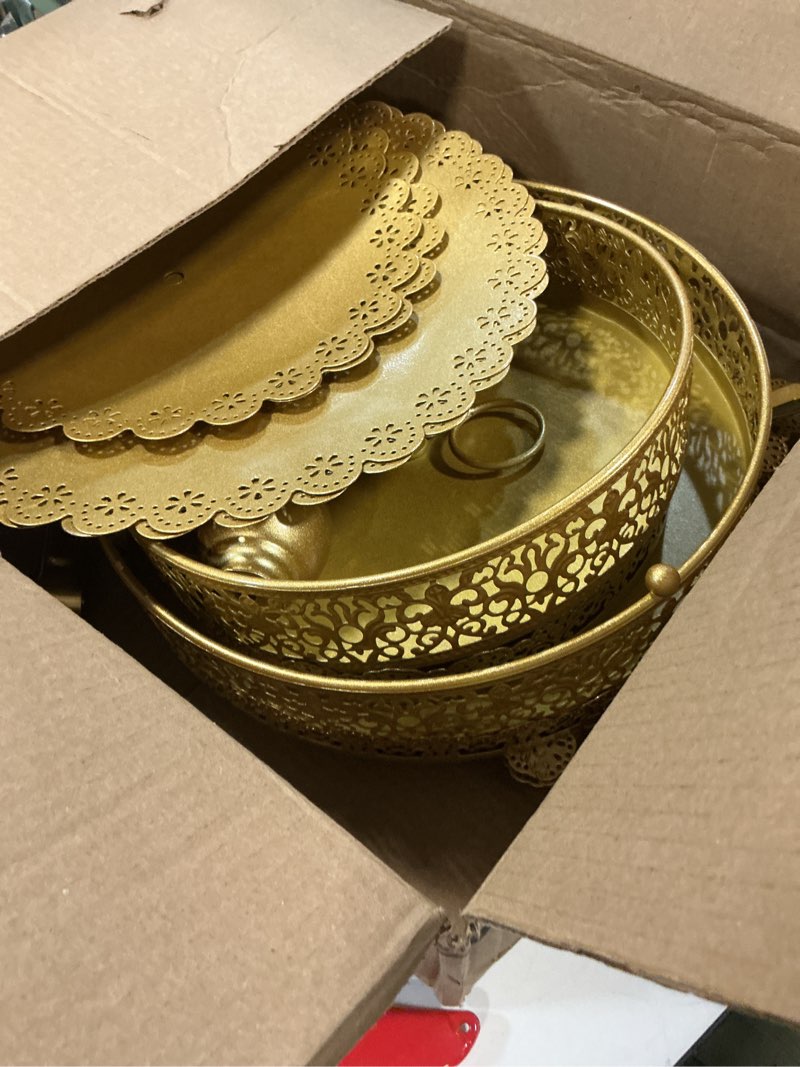 Condition photo showing As Is for Product incomplete and used, 11 Pcs Gold Cake Stand Set for Wedding, Dessert Table Display Set for Birthday, Metal Square Serving Trays for Candy, Cupcake Pop Stand Holder Tower with Round Base for Celebration, The Platters for Party Gold 11 Pcs