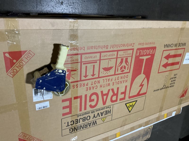 Condition photo showing Good Condition for Arched Full Length Mirror with Solid Wood Frame, 71x32 Farmhouse Wall Mounted Floor Mirror with Stand, Vertical Hanging, Leaning Standing for Bedroom, Living Room, Brown Rustic Brown 71"L x 32"W