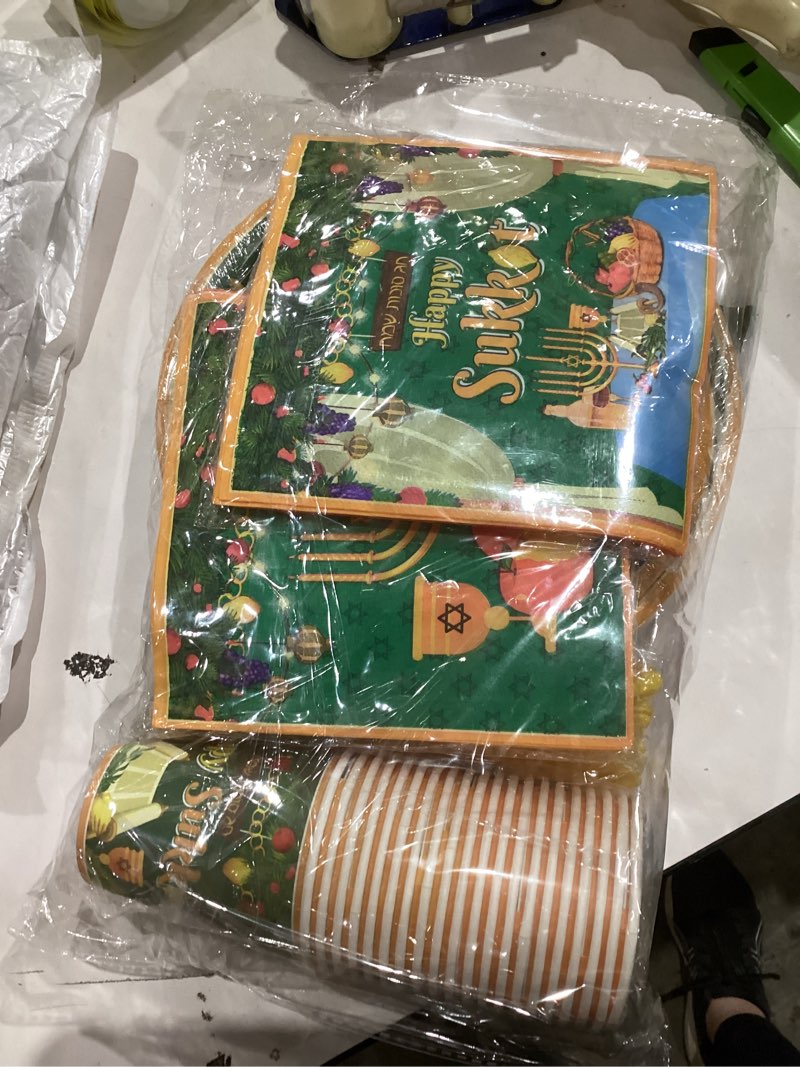 Condition photo showing New/Like New for Sukkah Sukkot Decorations-142pcs Happy Sukkot Tableware, Disposable Etrog Lulav Jewish Holiday Plates Napkins Tablecloth for Jewish Holiday Party Hadass Aravah Jewish Table Supplies