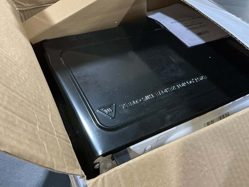 Condition photo showing As Is for commercial chef 0.6 cu. ft. countertop microwave oven, mechanical dial controls, 700w, pull handle door, 6 power levels, chm660b, black black 0.6 cubic feet