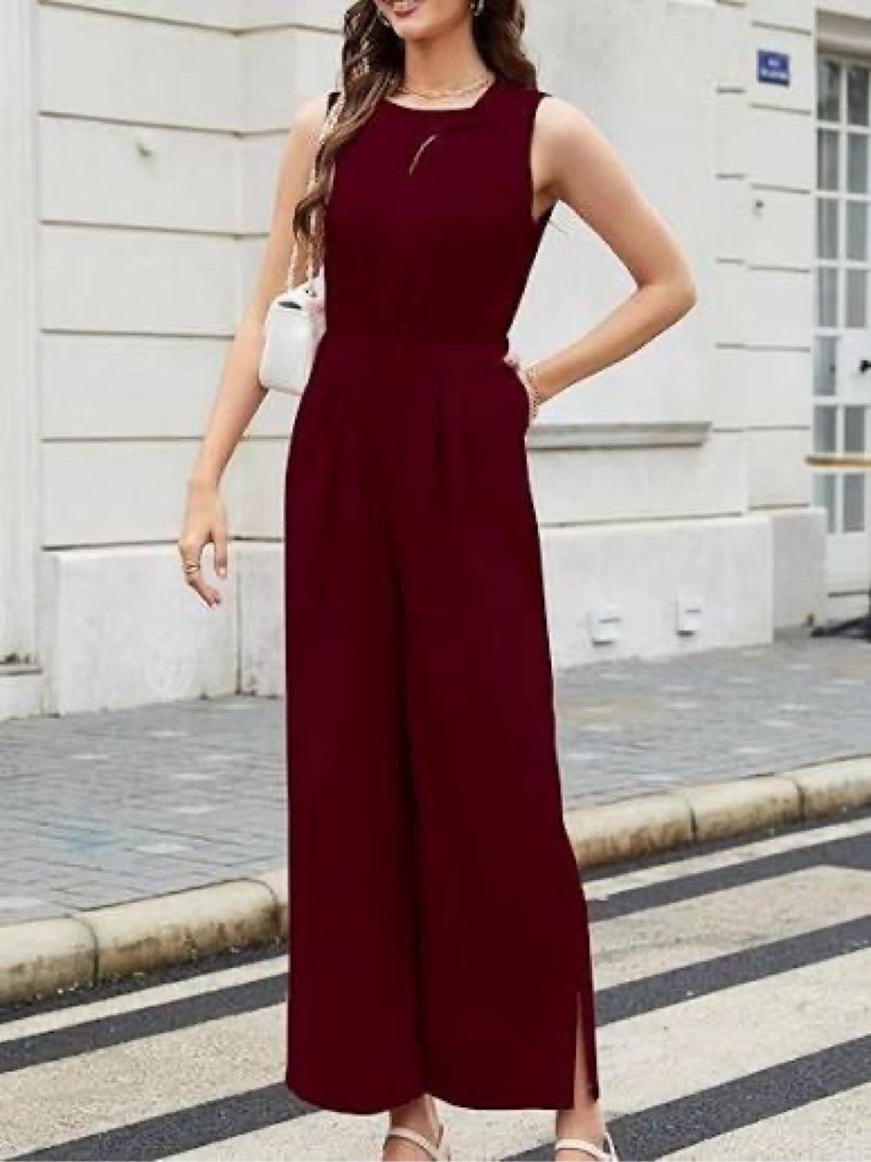 gardenwed women's sleeveless wide leg jumpsuit, elegant side split high waist palazzo pants romper with pockets button burgundy medium
