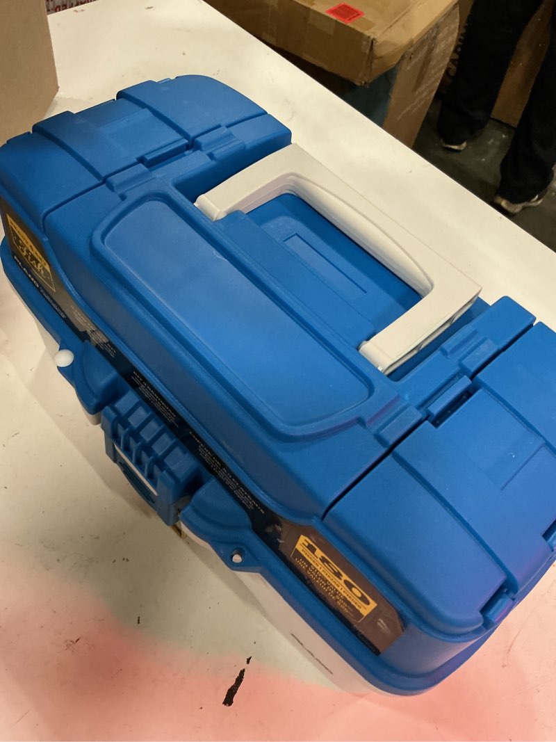 Condition photo showing Good Condition for plano ready-set-fish 3-tray tackle box with tackle, aqua blue/tan, one size one size three-tray