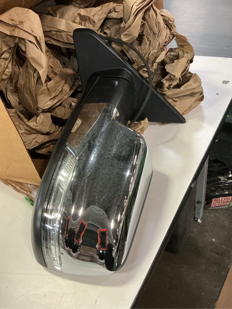Condition photo showing As Is for Left Driver Side Mirror Compatible With 2019 2020 2021 2022 2023 2024 2025 Ram 1500 With Power Folding Heated Turn Signal Puddle Light Temperature Sensor Chrome Replace#68462769AB(8+6Pins) L-8+6 Chrome
